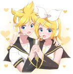  1boy 1girl bangs bare_shoulders bass_clef black_collar black_sleeves blonde_hair blue_eyes bow collar commentary crop_top detached_sleeves fang hair_bow hair_ornament hairclip hand_on_another&#039;s_shoulder headphones headset heart heart_background highres holding_hands kagamine_len kagamine_rin looking_at_viewer nail_polish open_mouth sailor_collar school_uniform shirt short_hair short_ponytail short_sleeves sleeveless sleeveless_shirt smile spiked_hair supo01 swept_bangs treble_clef upper_body v vocaloid white_bow white_shirt yellow_nails 