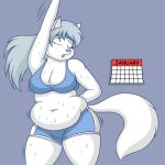  1:1 arctic_fox bodily_fluids breasts calendar canid canine cleavage clothed clothing exercise female fox lordstormcaller mammal solo sweat 