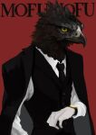 1boy absurdres beak bird_boy black_fur black_jacket black_necktie black_sclera black_vest body_fur buttons closed_mouth collared_shirt colored_sclera commentary feathers furry furry_male hand_up highres jacket jacket_on_shoulders long_sleeves male_focus mayumochini necktie open_clothes open_jacket original red_background romaji_text shirt simple_background solo standing two-tone_fur vest watch white_fur white_shirt wristwatch yellow_eyes 