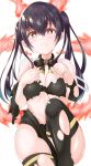  1girl 3: absurdres ass bangs bare_shoulders black_hair black_legwear black_ribbon black_robe blush bra breasts cleavage clenched_hand commentary_request cowboy_shot en&#039;en_no_shouboutai eyebrows_visible_through_hair fiery_ears fiery_tail fire hair_between_eyes hand_on_own_chest head_tilt highres knee_up looking_at_viewer medium_breasts midriff mikoshiha neck_ribbon off_shoulder orange_eyes ribbon sidelocks simple_background solo tail tamaki_kotatsu tearing_up tears thighhighs torn_clothes torn_legwear torn_robe twintails underwear white_background white_bra 