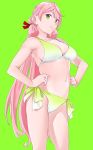  1girl akashi_(kantai_collection) bikini breasts contrapposto cowboy_shot gradient_bikini green_background green_eyes hair_ribbon highres kantai_collection large_breasts long_hair looking_at_viewer ojipon pink_hair ribbon side-tie_bikini simple_background smile solo swimsuit tress_ribbon 