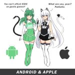  2girls android_(mascot) android_(os) animal_ears apple_inc. cat_ears cat_girl cat_tail green_hair highres long_hair merryweather multiple_girls original os-tan smile tail 
