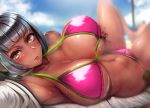  1girl bangs bare_legs beach bikini black_hair blush breasts cloud commentary_request commission dark_skin grabbing_own_breast highres large_breasts looking_at_viewer navel nohito original pink_bikini short_hair sky solo swimsuit yellow_eyes 
