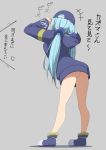  1girl alternate_costume alternate_hairstyle aqua_(konosuba) ass bare_legs blue_footwear blue_hair blue_headwear blue_hoodie breasts commentary_request from_behind grey_background kono_subarashii_sekai_ni_shukufuku_wo! long_hair salpin shoes simple_background solo translation_request twintails 