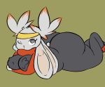  2020 anthro big_butt breasts butt curvy_figure female fluffy hi_res huge_butt lagomorph looking_at_viewer lying mammal nintendo on_front one_eye_closed plantedpot pok&eacute;mon pok&eacute;mon_(species) pseudo_clothing raboot short_stack simple_background slightly_chubby solo thick_thighs video_games wide_hips 