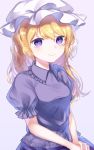  1girl bangs blonde_hair blush breasts commentary eyebrows_visible_through_hair frilled_shirt_collar frills hat highres kisamu_(ksmz) long_hair looking_at_viewer maribel_hearn mob_cap own_hands_together puffy_short_sleeves puffy_sleeves purple_background purple_eyes purple_shirt purple_skirt shirt short_sleeves simple_background skirt small_breasts smile solo touhou upper_body white_headwear 