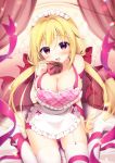 1girl :d aoi_yun apron arm_support bangs bed_sheet blonde_hair blush bow box breasts cleavage curtains eyebrows_visible_through_hair fang frilled_apron frilled_pillow frills gift gift_box hair_between_eyes hair_bow hair_intakes heart heart-shaped_box holding holding_gift large_breasts long_hair low_twintails maid_headdress naked_apron no_shoes open_mouth original pillow plaid purple_eyes purple_ribbon red_bow ribbon sitting smile solo thighhighs twintails very_long_hair wariza white_apron white_legwear 