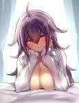  1girl bed bedroom breasts cleavage curtains eyebrows_visible_through_hair genderswap hair_between_eyes indoors jitome large_breasts lips long_hair looking_at_viewer original seductive_smile smile solo wavy_hair yamaarashi 