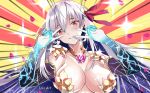  1girl armlet armor bangs bikini_armor blush breasts cleavage collar collarbone double_v earrings emotional_engine_-_full_drive fate/grand_order fate_(series) flower hair_in_mouth hair_ribbon hands_up head_tilt highres jewelry john_mangalile kama_(fate/grand_order) large_breasts long_hair looking_at_viewer lotus metal_collar mouth_hold orange_background parody parted_lips petals red_ribbon ribbon silver_hair smile solo space sparkle star_(sky) striped striped_background v yellow_background 
