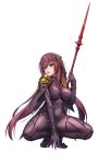  bodysuit breasts fate/grand_order fate_(series) gae_bolg highres holding holding_spear holding_weapon large_breasts leotard long_hair pauldrons polearm purple_bodysuit purple_hair purple_leotard red_eyes scathach_(fate)_(all) scathach_(fate/grand_order) shoron shoulder_armor spear veil weapon 