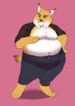  anthro belly chubby-shark claws clothed clothing felid feline fur hand_on_hip hand_on_stomach lynx male mammal moobs navel nipples obese obese_male open_shirt overweight overweight_male shirt smile solo standing tan_body tan_fur thick_thighs tight_clothing toe_claws topwear white_body white_fur 