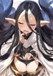  1girl absurdly_long_hair black_hair blush fellatio_gesture granblue_fantasy harvin hews_hack highres kneeling long_hair pointy_ears rei_(granblue_fantasy) shiny shiny_skin solo suggestive_fluid tongue tongue_out very_long_hair 