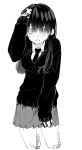  1girl bandaid bandaid_on_knee bandaid_on_leg blush eyebrows_visible_through_hair greyscale hand_on_head hatching highres kneeling long_hair maki_keigo monochrome necktie open_mouth original school_uniform skirt sleeves_past_wrists solo sweat uniform 