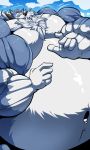  3:5 5_fingers anthro anthrofied belly big_belly big_muscles bobert bodily_fluids canid canine chest_tuft eyewear fingers glasses growth hi_res huge_muscles hyper hyper_muscles lycanroc male mammal muscle_growth musclegut muscular navel nintendo pok&eacute;mon pok&eacute;mon_(species) sweat sweatdrop tuft video_games 