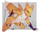  absurd_res breasts canid canine clothed clothing digimon digimon_(species) female fox hi_res ibengmainee looking_at_viewer mammal nipples nude partially_clothed renamon simple_background solo 