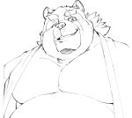  2020 anthro belly canid canine clothing exe_exem gyobu kemono male mammal monochrome overweight overweight_male raccoon_dog robe scar simple_background solo tanuki tokyo_afterschool_summoners video_games white_background 
