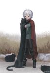  1boy ahoge animal arizuka_(13033303) black_cat black_footwear cat cloak closed_fan fan folding_fan holding holding_animal jewelry looking_at_animal male_focus necklace original outdoors red_cloak red_eyes rock sheath sheathed sitting standing sword weapon white_hair 