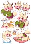  6+girls :o animal_ear_fluff animal_ears animalization bangs blonde_hair blush brown_footwear cheese chibi closed_mouth commentary concrete corndog eyebrows_visible_through_hair fish food fox_ears fox_girl fox_tail green_shirt grey_hair hair_between_eyes hair_bun hair_ornament highres hiss kemomimi-chan_(naga_u) kneeling long_sleeves minigirl mouse_ears mouse_girl mouse_tail multiple_girls naga_u nezumimi-chan_(naga_u) objectification open_mouth original parted_lips pillow pleated_skirt purple_skirt red_eyes ribbon-trimmed_legwear ribbon_trim shirt simple_background skirt sleeping sleeves_past_fingers sleeves_past_wrists snail sparkle splashing standing tail thighhighs v-shaped_eyebrows water wavy_mouth white_background white_legwear 