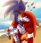  &lt;3 absurd_res anthro beach blue_body blue_fur blush clothing duo echidna eulipotyphlan eyes_closed footwear fur gloves handwear hedgehog hi_res hug kissing knuckles_the_echidna kukkiisart male male/male mammal monotreme muscular muscular_male outside red_body red_fur seaside shoes sitting sonic_boom sonic_the_hedgehog sonic_the_hedgehog_(series) wraps 