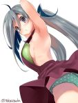  1girl ahoge armpits arms_behind_head arms_up balloon bangs blush breast_padding breasts dress eyebrows_visible_through_hair green_panties grey_eyes grey_legwear hair_between_eyes halterneck highres kantai_collection kiyoshimo_(kantai_collection) long_hair looking_at_viewer low_twintails open_mouth panties polka_dot polka_dot_panties simple_background small_breasts solo takase_muu twintails twitter_username underwear very_long_hair white_background 