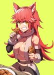  1girl absurdres animal_ears bird breasts chicken cleavage collar elbow_gloves eyebrows_visible_through_hair fenrir_(last_origin) food gloves grin highres last_origin looking_at_viewer narabi plate simple_background smile solo wolf_ears wolf_girl yellow_background yellow_eyes 