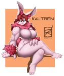  4_fingers 5_toes abs absurd_res anthro arm_tuft biceps big_breasts big_hands breasts cheek_tuft crossed_legs dkdevil facial_tuft featureless_breasts feet female fingers fur green_eyes hair hi_res inner_ear_fluff kaltren lagomorph leporid long_ears long_hair mammal multicolored_body multicolored_fur muscular muscular_female neck_tuft nude pink_body pink_fur pinup pose rabbit red_body red_fur red_hair sitting small_waist solo toes tuft two_tone_body two_tone_fur wrist_tuft 