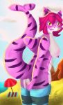  2020 anthro areola beach blush bodily_fluids clothing cloud curvy_figure detailed_background female fish genital_fluids hair hi_res kemono lafeq legwear long_tail looking_at_viewer marine nipples pink_hair pussy_juice sand seaside shark sky socks solo standing stockings thigh_highs water yellow_eyes 