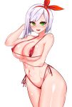  1girl absurdres asymmetrical_bangs audrey_dreamweaver bangs bikini blush breasts green_eyes hair_ribbon highres jjehong large_breasts last_origin looking_at_viewer navel open_mouth red_swimsuit ribbon short_hair silver_hair simple_background smile solo swimsuit thighs white_background 