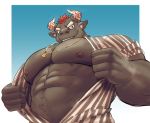  2020 abs absurd_res anthro big_pecs bovid bovine chest_tuft clothed clothing episode0006 fur grey_body grey_fur gyumao hair hi_res horn humanoid_hands jewelry low-angle_view male mammal muscular muscular_male necklace nipples pecs red_eyes red_hair simple_background solo striped_shirt tokyo_afterschool_summoners tuft undressing video_games 