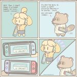  ! 1:1 2020 animal_crossing anthro barefoot blush blush_stickers bottomwear brown_body brown_fur canid canine canis clothed clothing comic dialogue domestic_dog duo emanata english_text fur hi_res igdoods isabelle_(animal_crossing) mammal nintendo nintendo_switch phone raccoon_dog shirt shorts simple_background tanuki text tom_nook_(animal_crossing) topwear video_games 