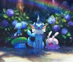  ._. :d creature day flower flower_request gen_1_pokemon gen_2_pokemon gen_3_pokemon gen_6_pokemon goomy horns lotad no_humans open_mouth outdoors pippi_(pixiv_1922055) pokemon pokemon_(creature) purple_eyes rainbow reflection sitting smile vaporeon water wooper 