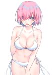  1girl alternate_costume bare_shoulders bikini blush breasts cleavage collarbone commentary_request eyebrows_visible_through_hair eyes_visible_through_hair fate/grand_order fate_(series) hair_over_one_eye highres large_breasts lavender_hair looking_at_viewer mash_kyrielight navel open_mouth short_hair side-tie_bikini simple_background slumcat solo sweat swimsuit upper_teeth white_background white_bikini 