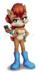  2020 5_fingers anthro archie_comics black_nose blue_eyes boots bracelet breasts brown_hair chipmunk clothing digital_media_(artwork) eyelashes featureless_breasts female fingers footwear ground_squirrel hair holding_object jewelry looking_at_viewer mammal metalpandora rodent sally_acorn sciurid short_hair signature simple_background smile solo sonic_the_hedgehog_(archie) sonic_the_hedgehog_(comics) sonic_the_hedgehog_(series) watermark white_background 