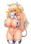  1girl absurdres animal_ears animal_print areola_slip areolae bangs bikini blonde_hair blush breasts cleavage covered_nipples cow_ears cow_girl cow_print cow_tail cup dark_elf dark_elven_forest_ranger elbow_gloves elf english_text eyebrows_visible_through_hair gloves gyaru hair_between_eyes highres horns huge_breasts kbn317 kogal last_origin long_hair looking_at_viewer mug navel pointy_ears purple_eyes solo swimsuit tail thick_thighs thighs two_side_up white_legwear wide_hips 