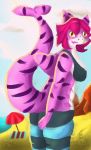  2020 anthro beach clothing cloud curvy_figure detailed_background female fish hair hi_res kemono lafeq legwear long_tail looking_at_viewer marine pink_hair sand seaside shark sky socks solo standing stockings thigh_highs water yellow_eyes 