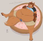  2017 anthro belly big_belly bodily_fluids brown_body brown_fur bulge chubby_cheeks claws clothed clothing doughnut drooling eating food fur herpestid hi_res holding_food holding_object love_handles male mammal midriff mongoose navel obese obese_male open_mouth open_smile overweight overweight_male reclining saliva smile solo toe_claws torn_clothing vulpineranger wide_hips 