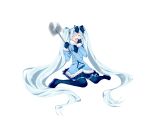  belt blue_legwear blue_mittens blue_ribbon blue_skirt boots closed_eyes coat full_body fur-trimmed_coat fur_trim gem hair_ribbon hand_to_own_mouth hands_up hatsune_miku highres holding_shovel light_blue_hair long_hair mizuamemochimochi neck_ribbon open_mouth ribbon shovel sitting skirt smile snowflake_print thigh_boots thighhighs twintails very_long_hair vocaloid wariza white_background yuki_miku yuki_miku_(2012) 