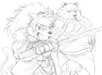  2019 anthro asian_clothing belly canid canine canis clothing domestic_dog duo east_asian_clothing fundoshi gyobu hi_res hysk japanese_clothing male mammal melee_weapon monochrome overweight overweight_male raccoon_dog robe scar shino_(housamo) simple_background smoking sword tanuki tokyo_afterschool_summoners underwear video_games weapon white_background 