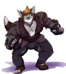  anthro bobert bulge canid canine canis clothing ethoras grimacing hair hi_res looking_at_viewer male mammal red_eyes simple_background torn_clothing white_background wolf 
