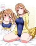  :o =o alternate_hairstyle bangs bare_legs barefoot bed_sheet blush breasts brown_hair collarbone embarrassed from_above halftone halftone_background highres hood hoodie jacket kunikida_hanamaru large_breasts long_hair long_sleeves looking_at_viewer love_live! love_live!_sunshine!! multiple_views nail_polish on_bed one-piece_swimsuit open_clothes open_jacket open_mouth pillow plaid_pillow polka_dot polka_dot_background seiza sidelocks sitting speech_bubble swimsuit thick_thighs thighs twintails yellow_eyes yellow_jacket yopparai_oni 