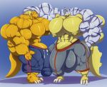  agumon anthro balls big_balls big_bulge big_muscles big_penis bobert bottomwear bulge clothed clothing digimon digimon_(species) gabumon genitals huge_balls huge_bulge huge_muscles huge_penis hyper hyper_balls hyper_bulge hyper_genitalia hyper_muscles hyper_penis looking_at_another male muscular nipples pants penis smile topless 