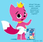  2020 ambiguous_gender blush canid canine crown cub dialogue diaper english_text fox hi_res kircai looking_at_viewer mammal open_mouth package pinkfong_(character) solo standing text watermark young 