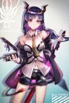  1girl arknights bangs bare_shoulders belt breasts ch&#039;en_(arknights) commentary_request dragon_horns eyebrows_visible_through_hair highres holding holding_sword holding_weapon horns jacket long_hair looking_at_viewer low_twintails navel necktie nerok pout purple_eyes purple_hair shorts solo sword tail twintails weapon 