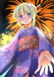  1girl aerial_fireworks amakawa_hano aqua_hair blonde_hair blue_eyes blue_kimono blush fireworks hair_ornament hair_stick highres japanese_clothes kimono looking_at_viewer multicolored_hair night night_sky obi outdoors sash short_hair sky smile solo standing star star-shaped_pupils star_hair_ornament symbol-shaped_pupils toroijd two-tone_hair virtual_youtuber wide_sleeves yukata 