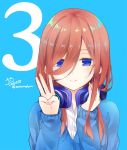  1girl 3 artist_name blue_background blue_cardigan brown_hair cardigan commentary_request go-toubun_no_hanayome hair_between_eyes hand_on_headphones headphones headphones_around_neck long_hair long_sleeves looking_at_viewer nakano_miku number peke_(xoxopeke) shirt simple_background smile solo twitter_username upper_body w white_shirt 