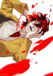  1boy absurdres black_hair blood collarbone hand_on_own_face highres lycan_kafka male_focus multicolored multicolored_hair open_mouth original red_eyes red_hair sharp_teeth simple_background solo tears teeth twitter_username 