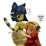  1:1 2020 3d_(artwork) accessory alpha_channel animal_crossing ankha_(animal_crossing) anthro big_breasts big_butt blue_hair breasts butt butt_grab clothing digital_media_(artwork) domestic_cat duo egyptian elf felicia_(tahlian) felid feline felis female female/female freckles fur green_eyes hair hair_accessory hairband hand_on_butt hi_res humanoid humanoid_on_anthro humanoid_pointy_ears long_hair mammal nintendo nipple_slip nipples orange_hair short_stack simple_background surprise sweater tahlian thick_thighs topwear transparent_background video_games wide_hips yellow_body yellow_fur 