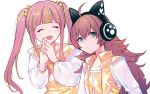  2girls :d ^_^ ahoge bang_dream! bangs blue_eyes blunt_bangs blush brown_hair cat_ear_headphones chu2_(bang_dream!) closed_eyes frown hands_together headphones interlocked_fingers long_hair long_sleeves multicolored_hair multiple_girls open_mouth pareo_(bang_dream!) pink_hair red_hair see-through_sleeves shiontaso sidelocks simple_background smile steepled_fingers streaked_hair twintails two-tone_hair upper_body white_background 