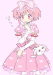  1girl bag blush d: dot_nose dress frilled_dress frilled_ribbon frills hair_ribbon hand_on_own_face juliet_sleeves kaname_madoka kyubey lolita_fashion long_sleeves looking_down mahou_shoujo_madoka_magica objectification open_mouth pink_background pink_dress pink_eyes pink_hair pink_ribbon pipi_o_(pipioo08) plaid plaid_ribbon puffy_sleeves ribbon ribbon_print short_dress sidelocks simple_background solo striped striped_ribbon sweet_lolita translation_request twintails upper_body white_ribbon wide-eyed 