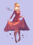  1girl aki_shizuha blonde_hair blue_background boots brown_footwear character_name collared_shirt commentary cross-laced_footwear english_commentary english_text eyebrows_visible_through_hair hair_between_eyes knee_boots lace-up_boots long_sleeves looking_at_viewer orange_eyes pixel_art red_shirt red_skirt shirt short_hair skirt skirt_hold smile solo teasmacker touhou 